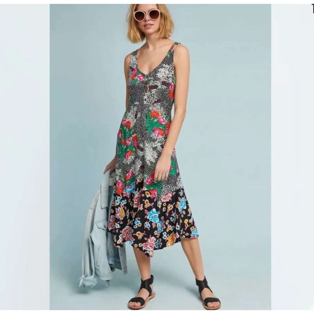 Anthropologie Womens Black Floral Sleeveless Midi Dress Size 4 Whimsigoth Boho